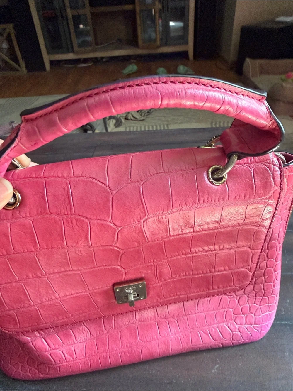MCM Pink Croc-Embossed Top Handle Satchel with Gold Hardware
